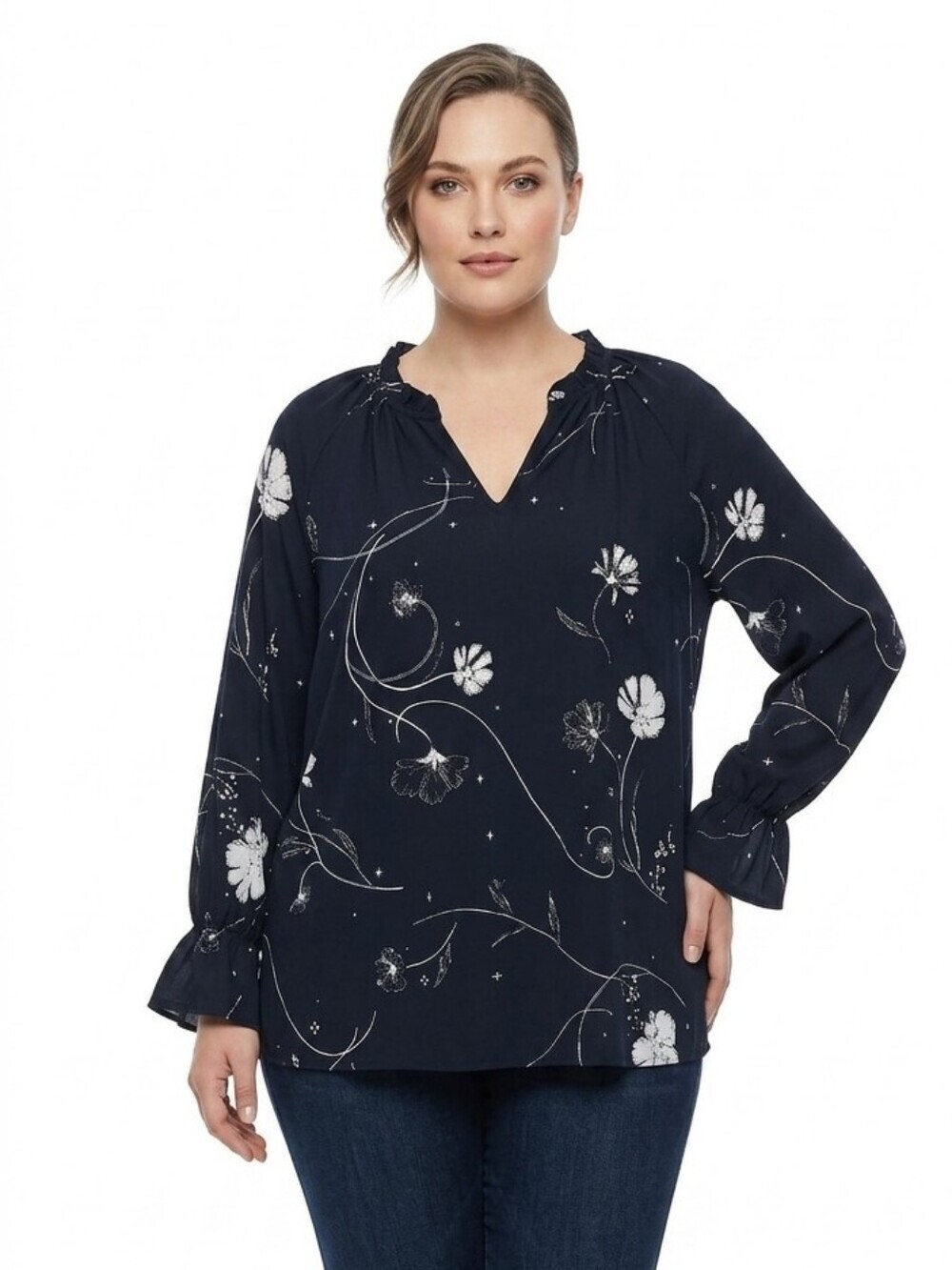 Kaari Blue Curvy Brand Black Blouse With White Floral Long Sleeves Women's 1X
